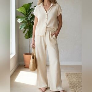 Thread & Supply Gauze Matching Set - Button Down Shirt & Wide Leg Pants - Cream